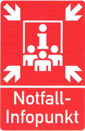 Offizielles rotes Hinweisschild Notfall-Infopunkt mit weißem Informationssymbol